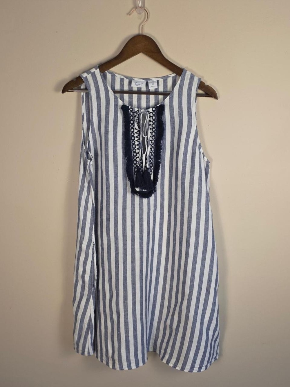 Antibes Blanc blue and white striped sleeveless linen tunic. Size XS